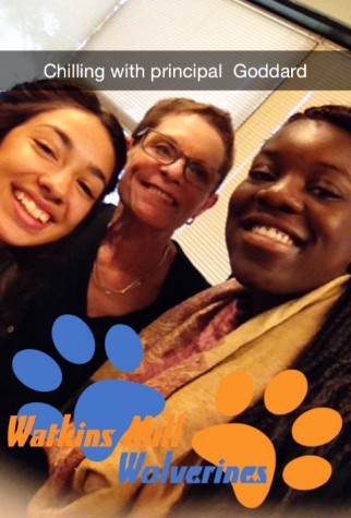 Alumni Katerina Molina (left) and MK Kamara with principal Carol Goddard as they experienced a typical day in Goddard's job.