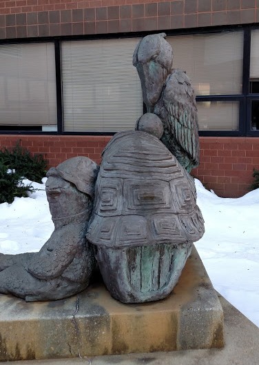 A turtle sunbathes without its shell as a pelican looks on in the courtyard sculptures.