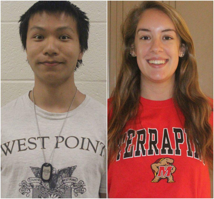 Seniors Victor Kao and Maddie Rodriguez-White wearing their college gear.