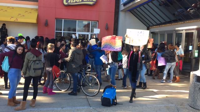 Students gather at Lakeforest Mall as part of their anti-Trump protest