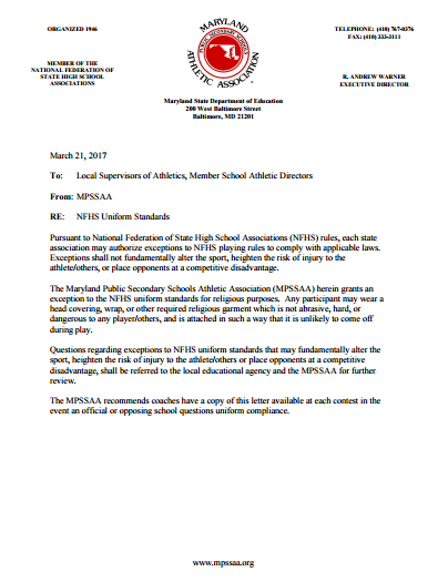 Memo from MPSSAA about exception on religious head gear.