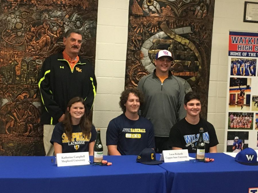 Katherine Campbell(Left), Lucas Richards(middle), and Kevin Finn(Right) with their coaches after signing letter of intent 