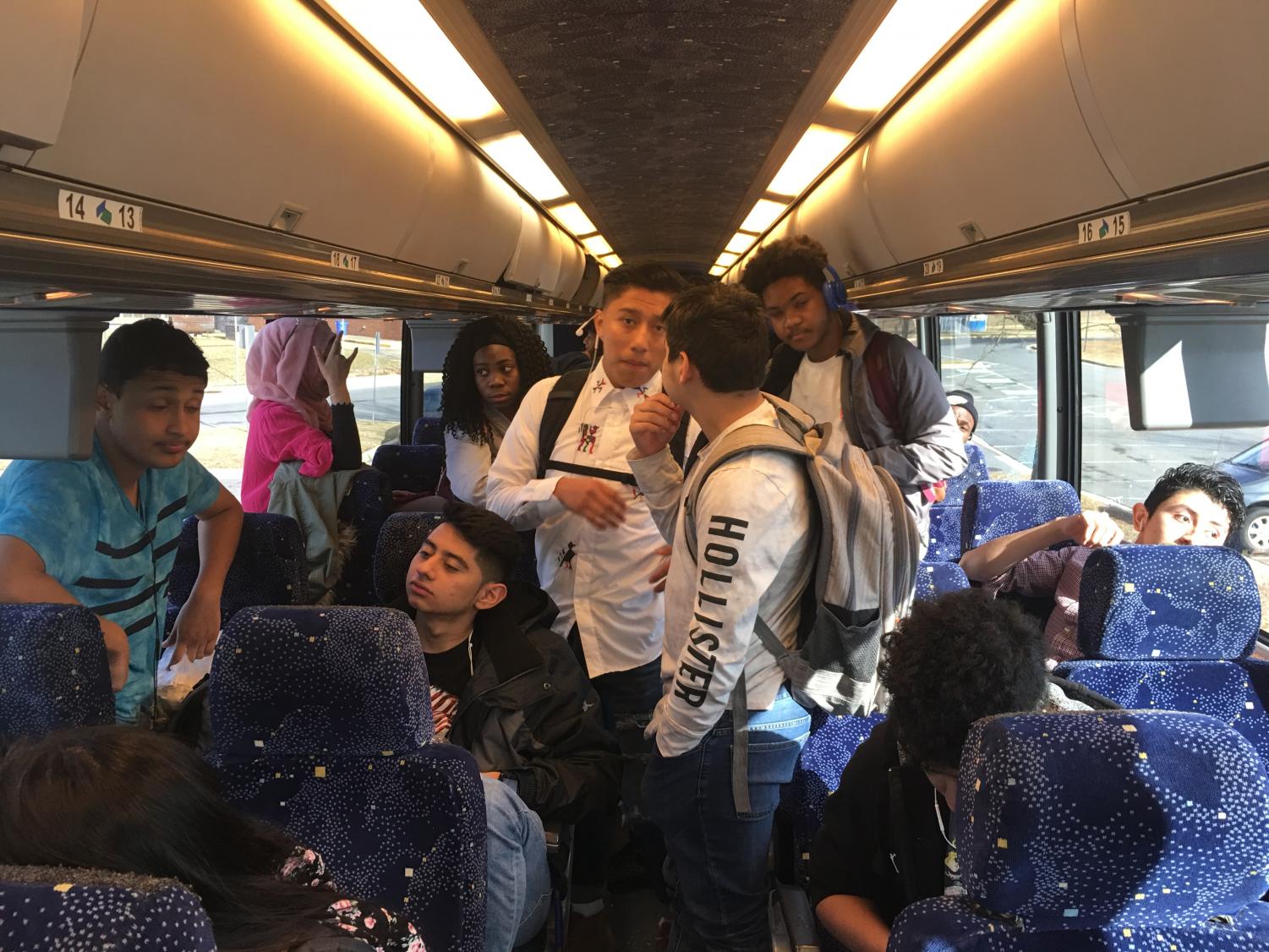 ESOL students on the bus to see the production of Hamlet at the Shakespeare Theatre in Washington, DC