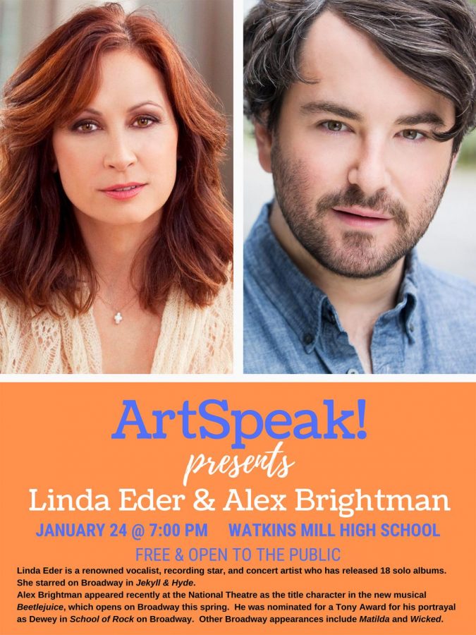 Las estrellas de Broadway Linda Eder y Alex Brightman aparecerán en el escenario de Watkins Mill High School en 7pm esta noche como parte del programa ArtSpeak.