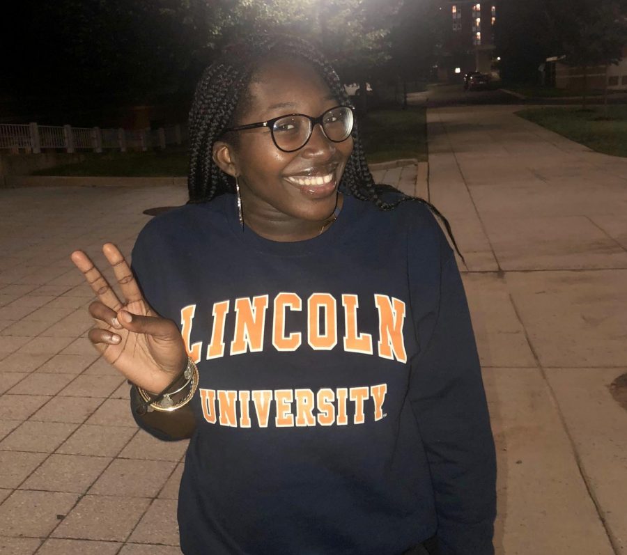 Watkins Mill alumna Megan Dakwa poses in her Lincoln University sweatshirt.  Dakwa selected the HBCU as her college of choice and is currently a freshman.