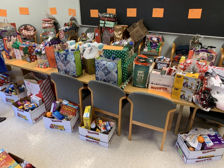 A small part of the gifts contributed by the WMHS community to be distributed by Rogers to families in need for Christmas.