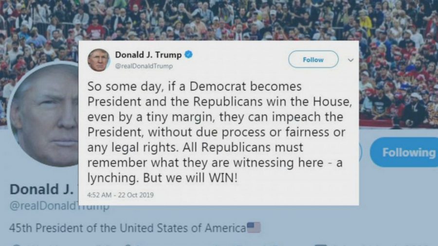 President Donald Trump compared the investigation into a possible impeachment to a lynching in a tweet on October 22.