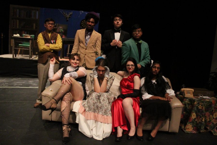 Seniors Steph Ventura and Kelly Mok, juniors Vivian Ingram, Coley Farragut, and Rhamzy Achmad, sophomore Maggie Burguess Leary, freshman Nathan Campbell, and eighth-grader Sonia Thanicatt all star in the production of CLUE.