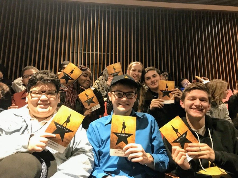 From top left to bottom right, sophomore Jodeleine Pierre, juniors Bethany Hurt, Antonio  Johnson, Jason Delcid,  Griffen MacLaren, Christopher Thomson excited to see Hamilton: An American Musical. 