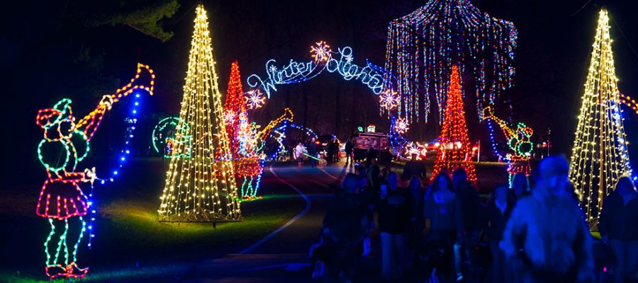 Montgomery County residents taking a walk through the Winter Lights Festival. 