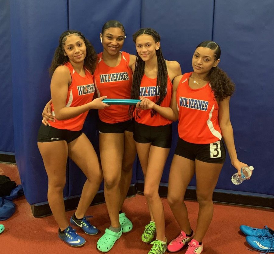The+Watkins+Mill+High+School+Indoor+Track+girls+4x2+relay+team+placed+first+in+their+heat+at+the+MCPS+Championships.