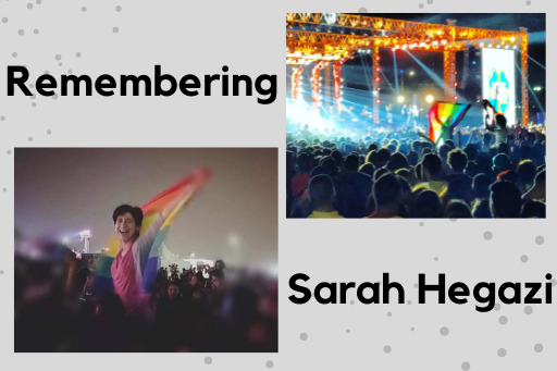 Sarah Hegazi raising a rainbow flag with friends at a concert in Cairo.