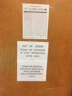 The out of order signs posted on the doors prevent students from having easier access to bathrooms.