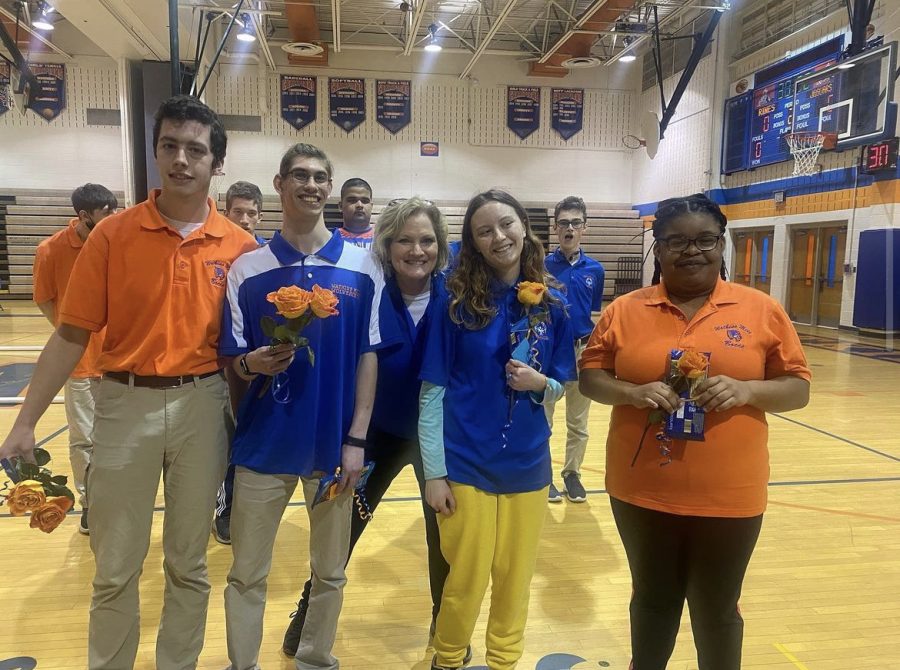 Seniors Rob, Charlie, Joy, and Tayliah (left to right) were celebrated at Bocces senior night.