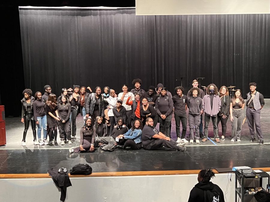 All the students who worked to produce the Black History Month Assembly 2023 pose with principal Carol Goddard and BSU sponsors Danielle Neely and Chad Wilson.