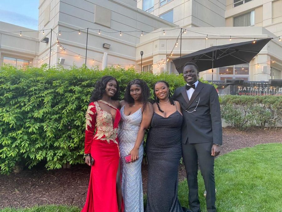 Seniors Melissa Osei-Bonsu, Mabel Fonkem, Skylar Griffin, and Abdoul Ndiong (left to right) look stunning at prom. 